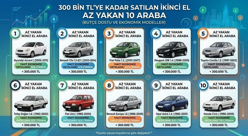 300 Bin TL’ye Kadar Satılan İkinci El Az Yakan 10 Araba (2026)